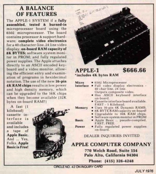 介紹蘋果Apple-1<a href=/pc/ target=_blank class=infotextkey>電腦</a>，該電腦定價(jià)666.66美元，1976年7月發(fā)布。